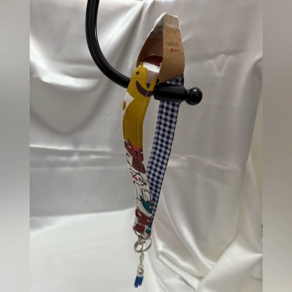 Handmade Plaid Cats Wristlet Keychain with Navy Blue Tassel